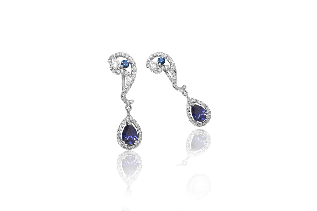Blue Sapphire and Diamond 18K White Gold Dangly Earrings