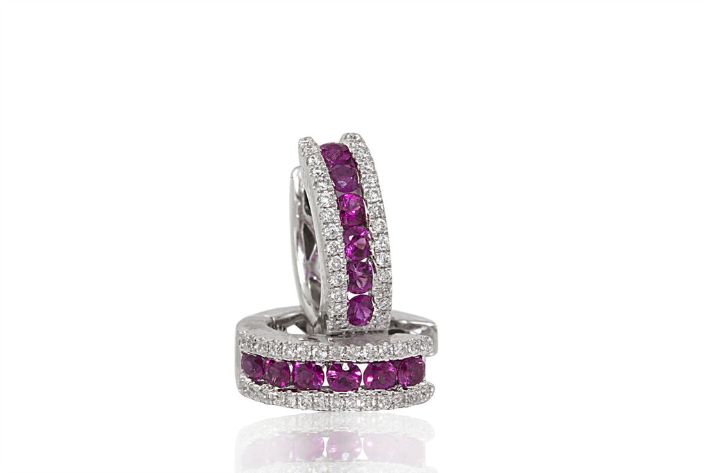 Ruby and Diamond Hoop 18K White Gold Earrings