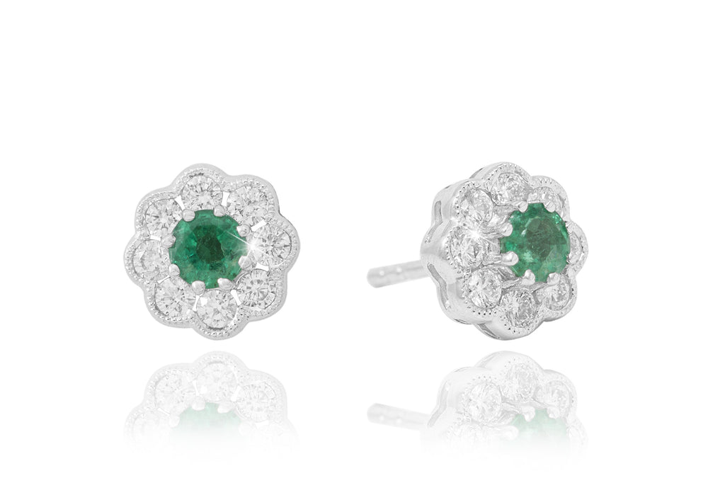 Emerald and Diamond Cluster 18K White Gold Stud Earrings