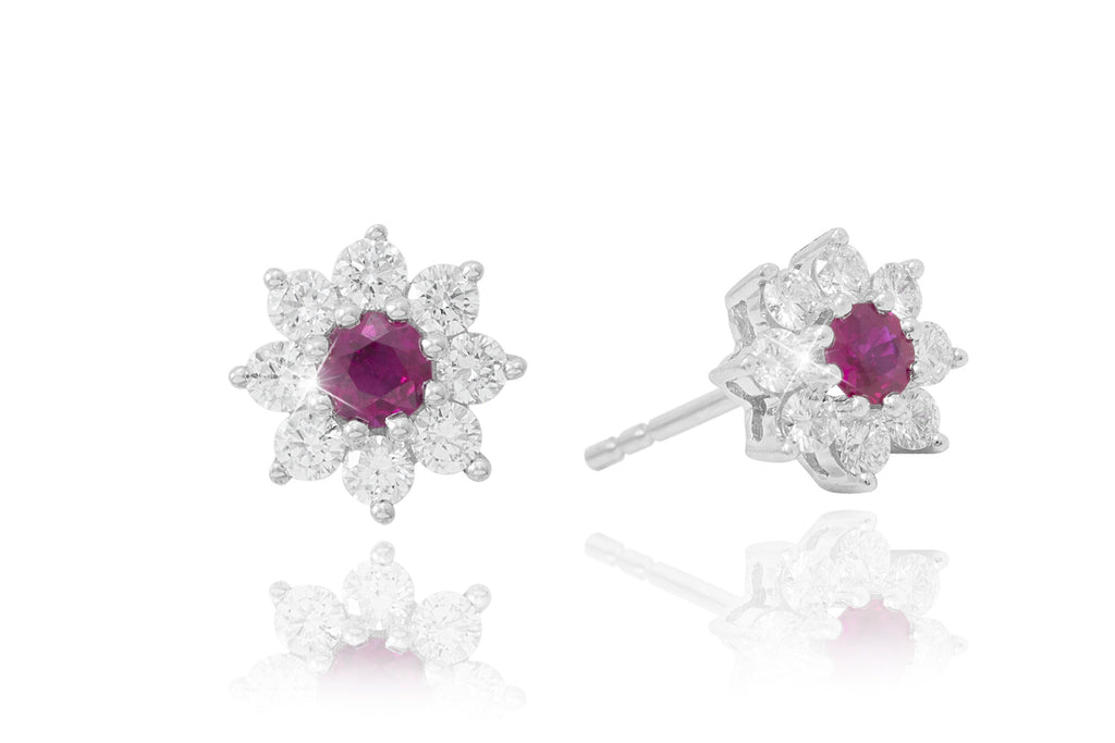 Ruby and Diamond Cluster 18K White Gold Stud Earrings
