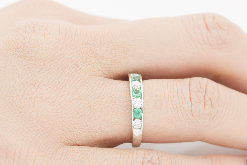 Round Cut Emerald and Diamond Half Eternity 18K White Gold Ring