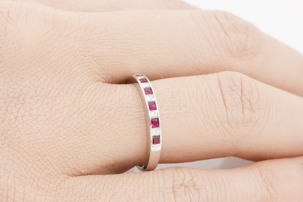 Princess Cut Ruby and Diamond Half Eternity 18K White Gold Ring