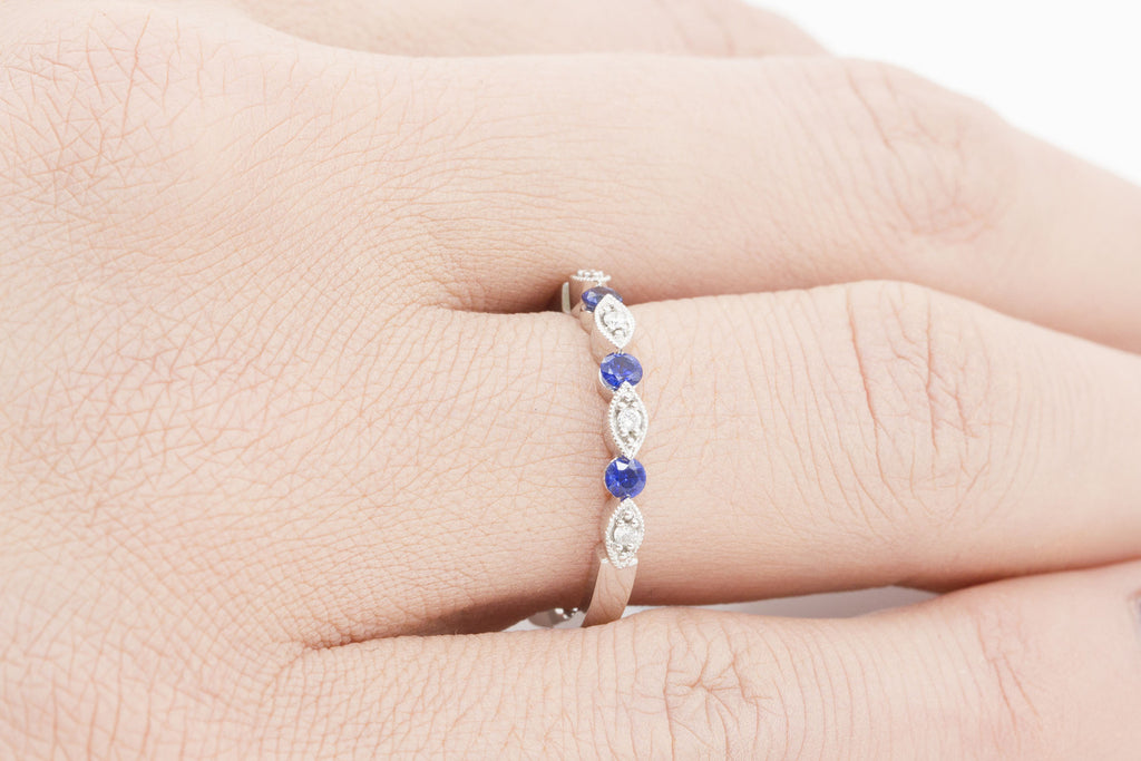 Vintage Look Blue Sapphire and Diamond 18K White Gold Ring - OUT OF STOCK