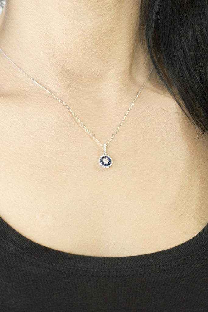 Blue Sapphire and Diamond Halo 18K White Gold Pendant