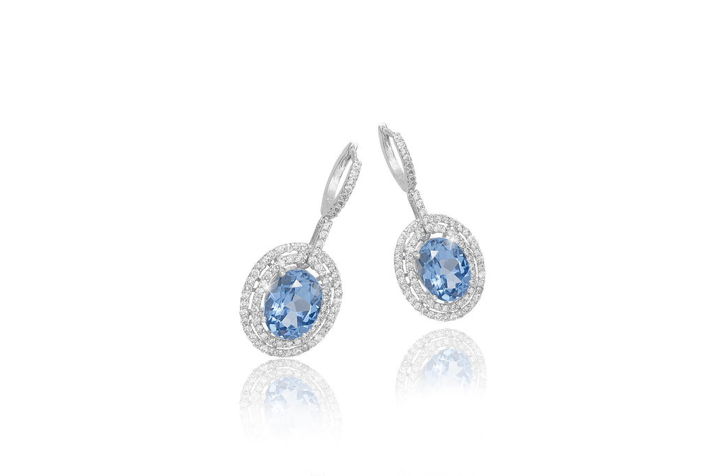Topaz and Diamond 2 Row Halo 18K White Gold Dangly Earrings