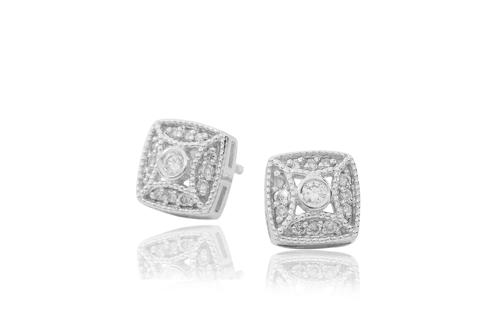 Diamond Fligree 18K White Gold Stud Earrings - OUT OF STOCK