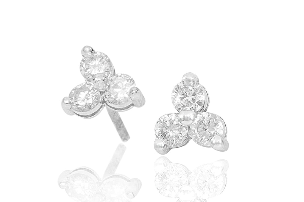 Three Stone Diamond 18K White Gold Stud Earrings