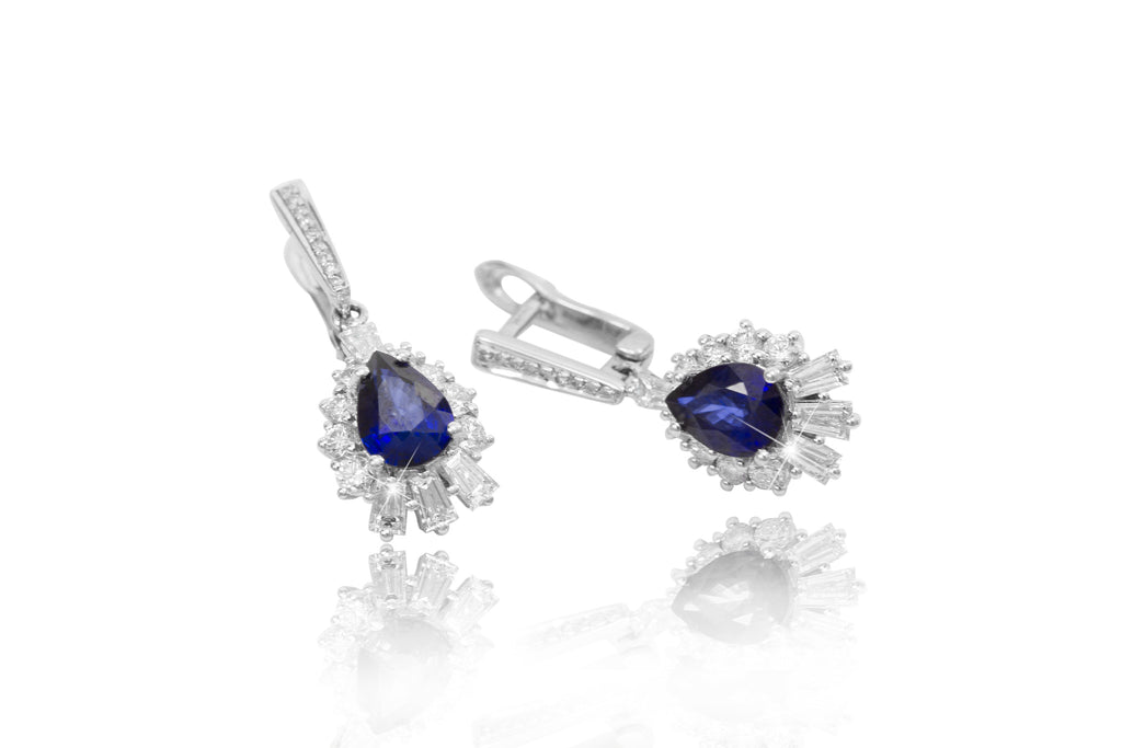 Blue Sapphire and Diamond Multi Cut 18K White Gold Chandelier Earrings