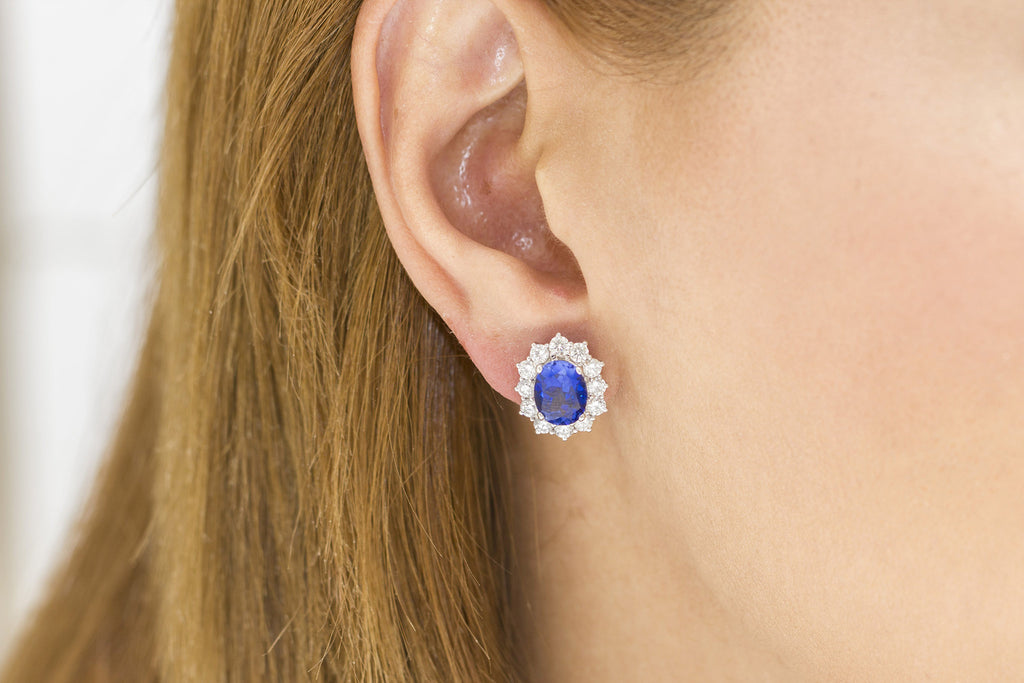 Blue Sapphire and Diamond Cluster 18K White Gold Stud Earrings