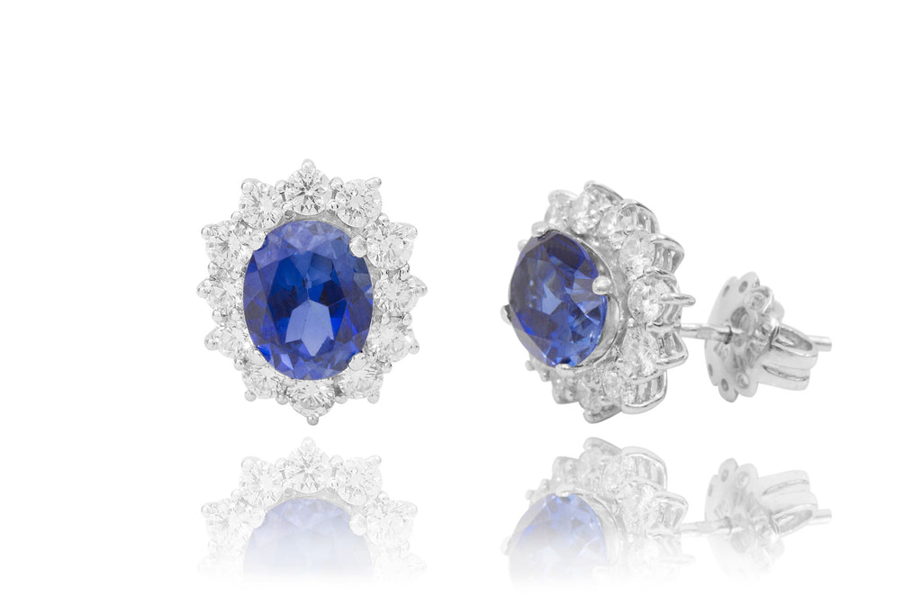 Blue Sapphire and Diamond Cluster 18K White Gold Stud Earrings