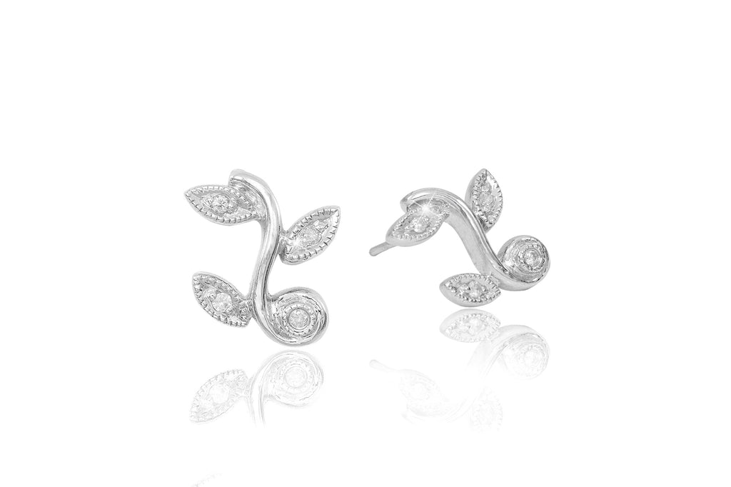 Diamond Leaf 9K White Gold Stud Earrings - OUT OF STOCK