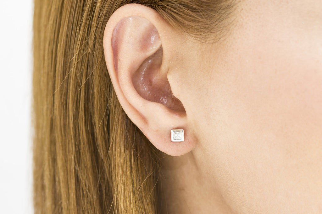 Rub Over Princess Cut Diamond 18K White Gold Stud Earrings - OUT OF STOCK