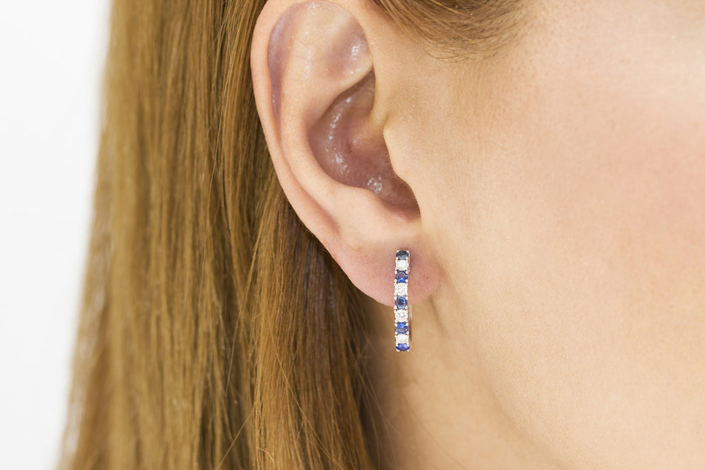 Blue Sapphire and Diamond 18K White Gold Hoop Earrings