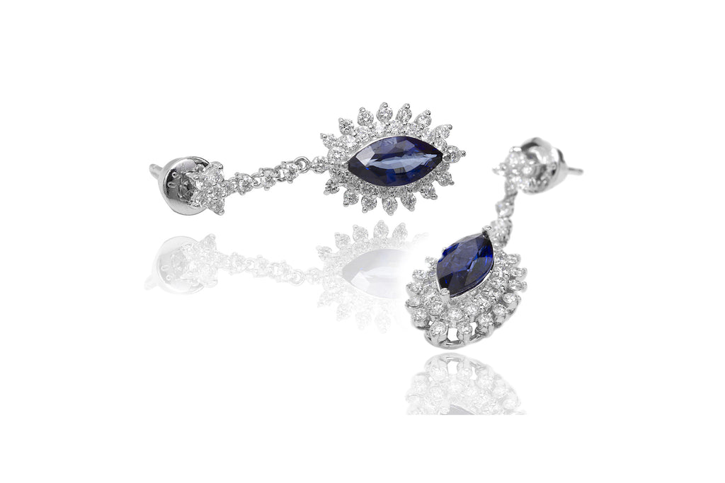 Blue Sapphire and Diamond 18K White Gold Dangly Earrings