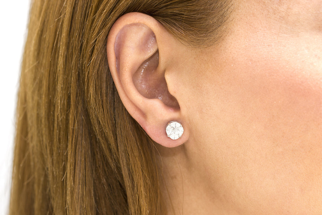 Multi Stone Diamond Illusion Set 18K White Gold Stud Earrings