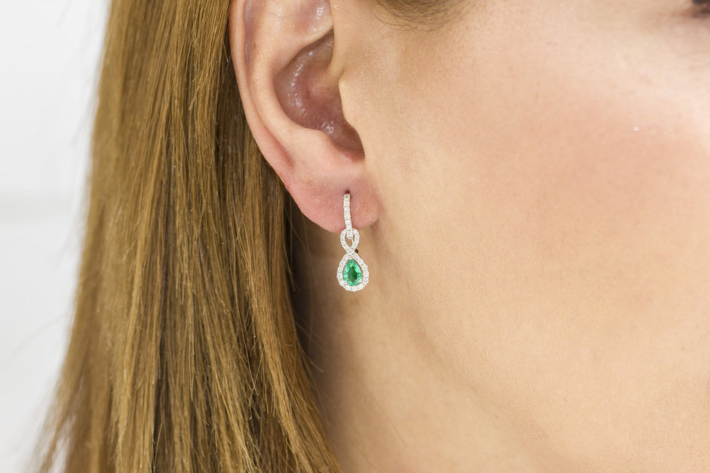 Emerald and Diamond 18K White Gold Dangly Hoop Earrings