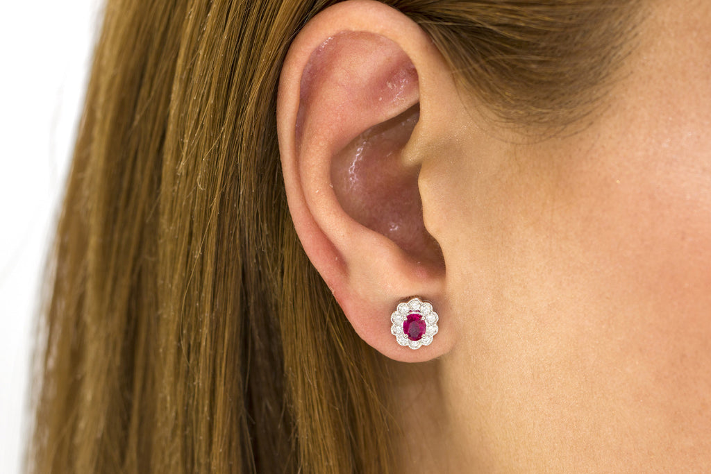 Ruby and Diamond Cluster 18K White Gold Stud Earrings