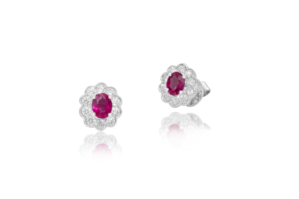 Ruby and Diamond Cluster 18K White Gold Stud Earrings