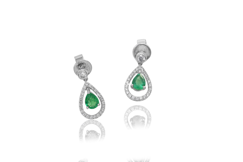 Pear Shape Emerald and Diamond 18K White Gold Dangly Earrings