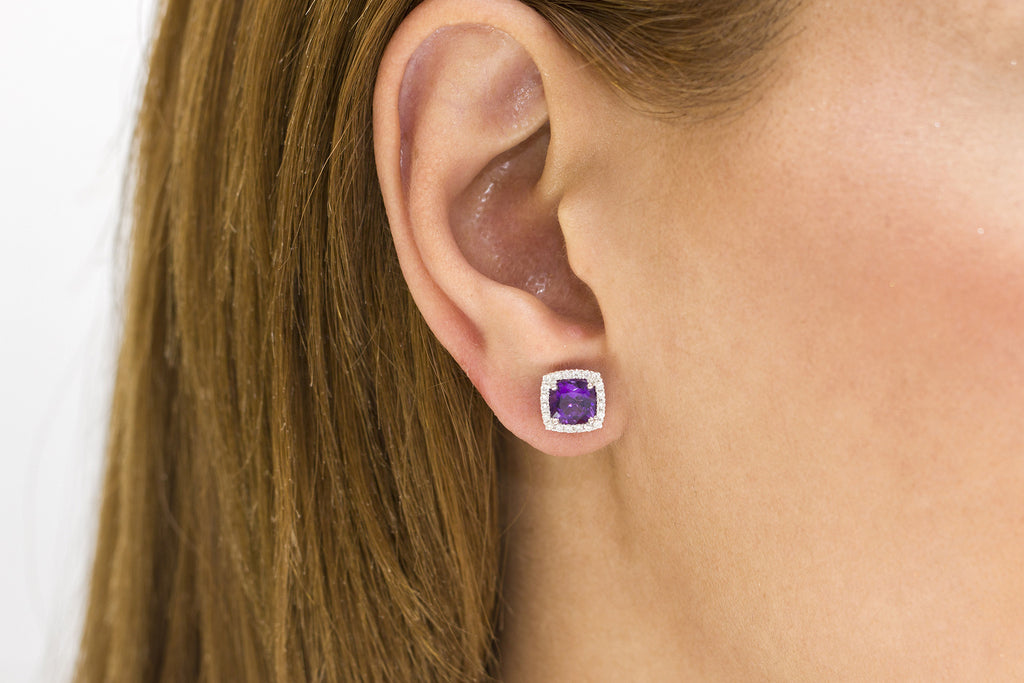 Cushion Cut Amethyst and Diamond Halo 18K White Gold Stud Earrings