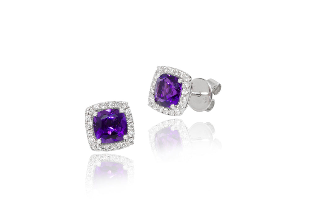 Cushion Cut Amethyst and Diamond Halo 18K White Gold Stud Earrings