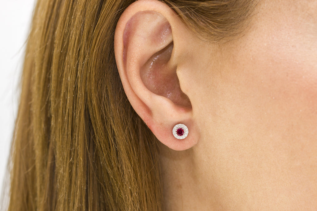 Ruby and Diamond Halo 18K White Gold Stud Earrings