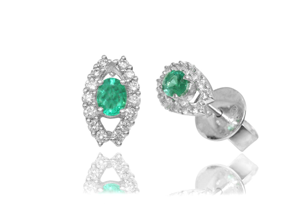 Emerald and Diamond 18K White Gold Stud Earrings