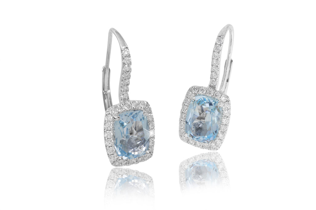 Blue Aquamarine and Diamond 18K White Gold Dangly Earrings
