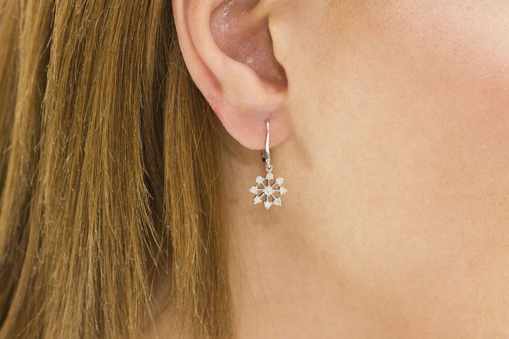 Diamond Snowflake 18K White Gold Dangly Earrings