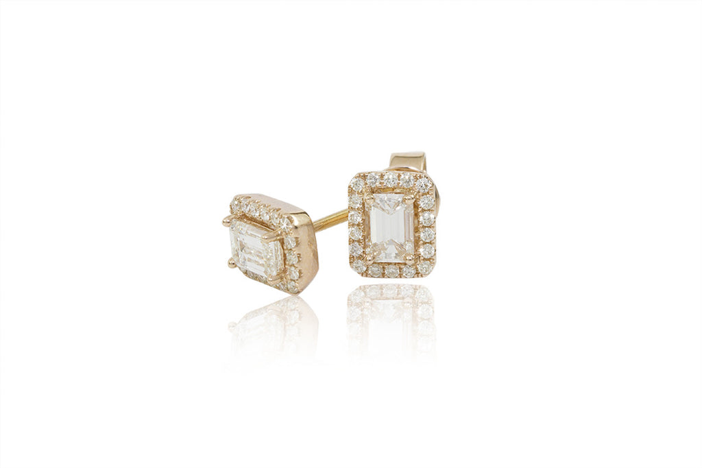 Baguette Cut Diamond Halo 18K Rose Gold Stud Earrings