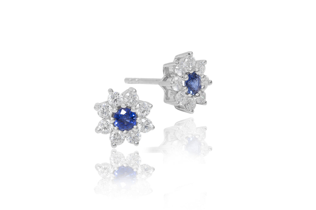 Blue Sapphire and Diamond Cluster 18K White Gold Stud Earrings