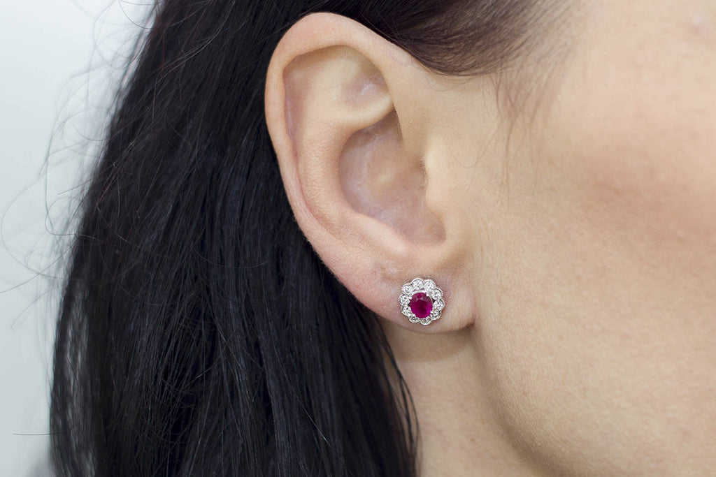 Ruby and Diamond Cluster 18K White Gold Stud Earrings