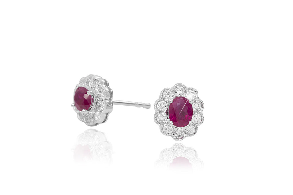 Ruby and Diamond Cluster 18K White Gold Stud Earrings