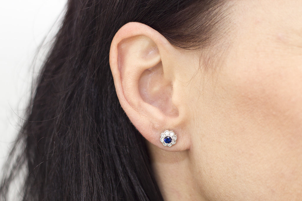 Blue Sapphire and Diamond Cluster 18K White Gold Stud Earrings