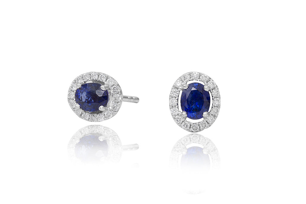 Blue Sapphire and Diamond Halo 18K White Gold Stud Earrings
