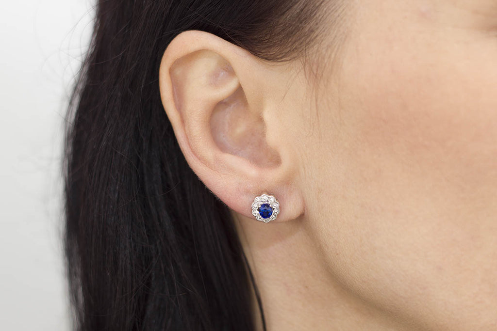 Blue Sapphire and Diamond Cluster 18K White Gold Stud Earrings