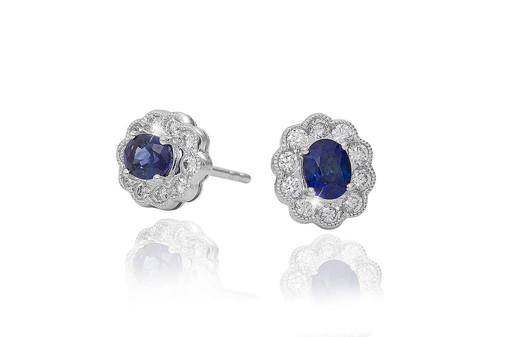 Blue Sapphire and Diamond Cluster 18K White Gold Stud Earrings