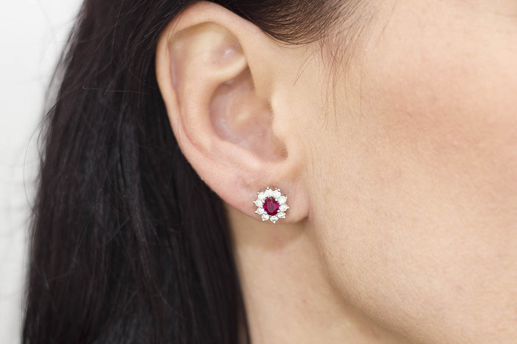 Ruby and Diamond Cluster 18K White Gold Stud Earrings