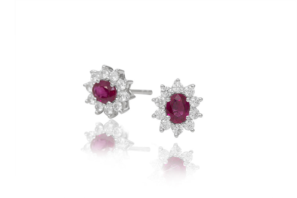 Ruby and Diamond Cluster 18K White Gold Stud Earrings