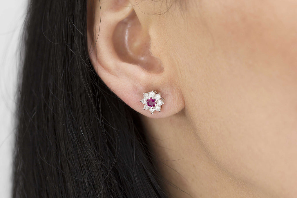 Ruby and Diamond Cluster 18K White Gold Stud Earrings