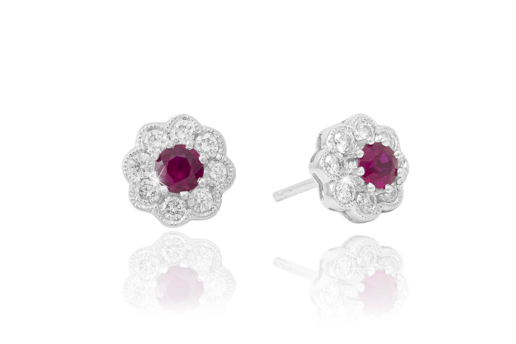 Ruby and Diamond Cluster 18K White Gold Stud Earrings