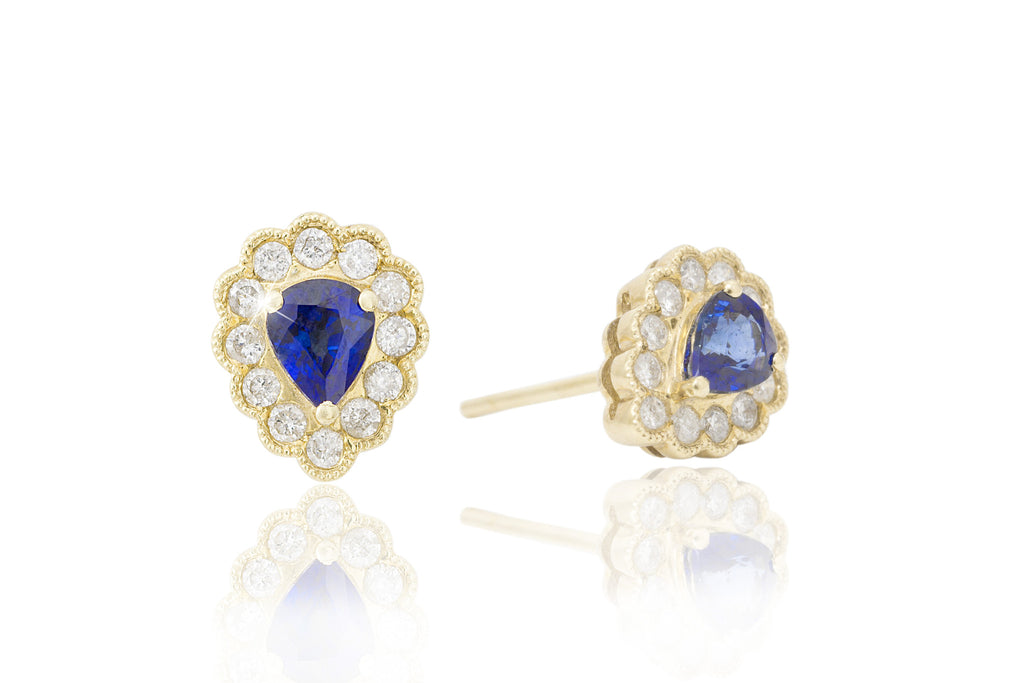 Blue Sapphire and Diamond Cluster 18K Yellow Gold Stud Earrings