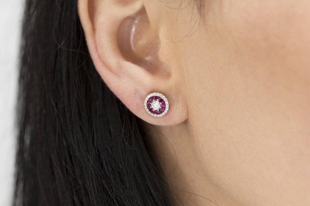 Ruby and Diamond Fancy 18K White Gold Stud Earrings