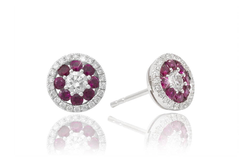 Ruby and Diamond Fancy 18K White Gold Stud Earrings