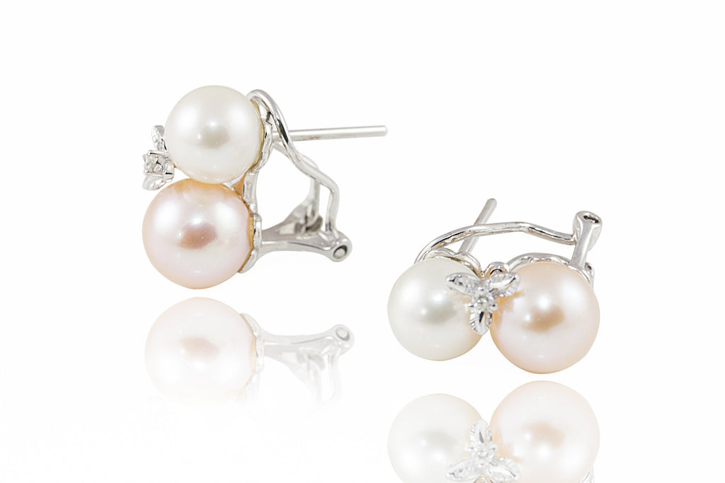 Pink & White Pearl and Diamond 18K White Gold Earrings
