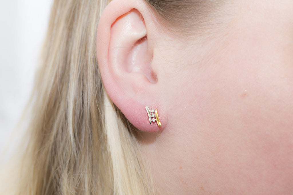 Three Line Diamond 18K White and Yellow Gold Earrings