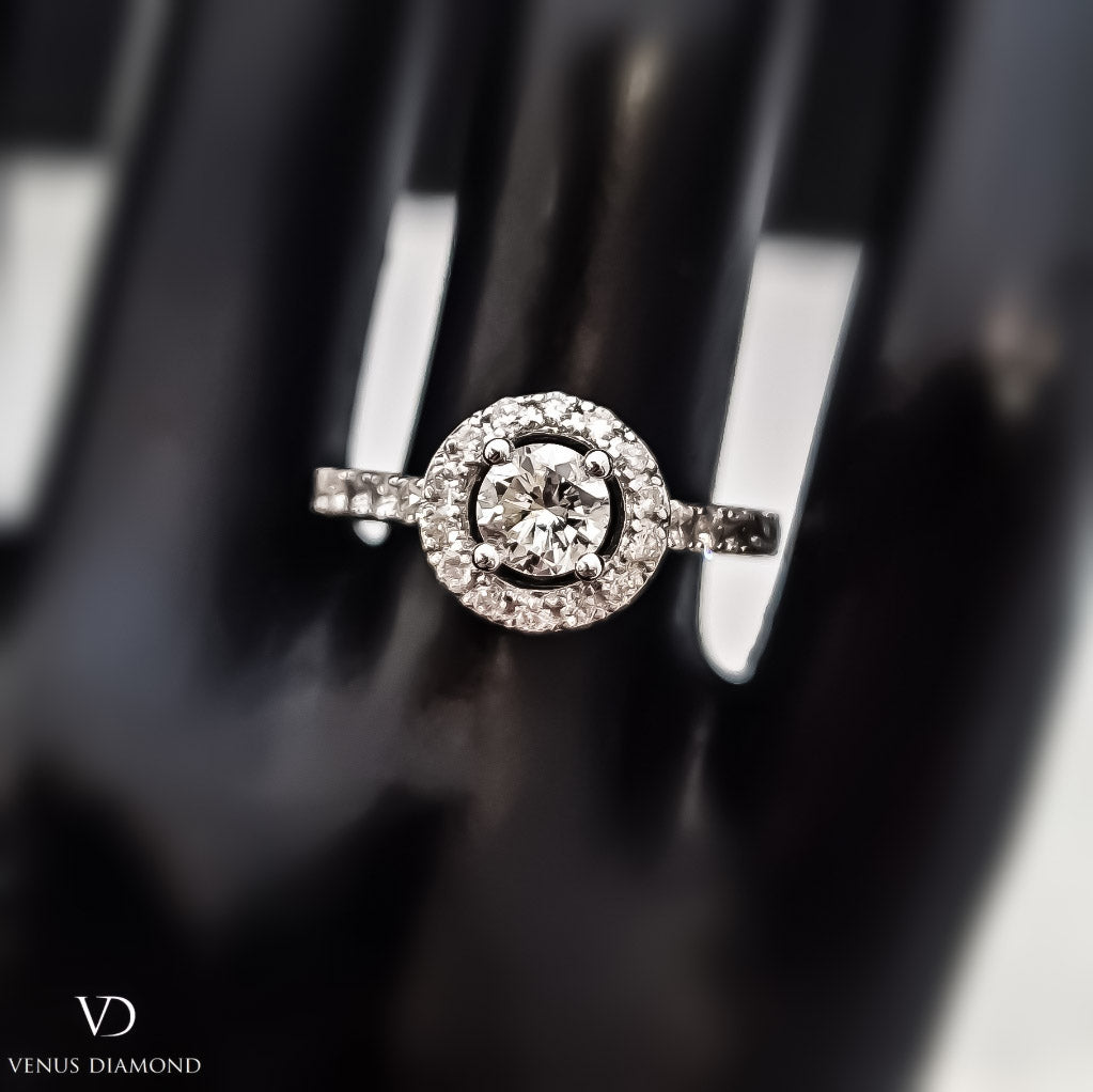 18k White Gold Diamond Halo Ring on a Diamond Shank