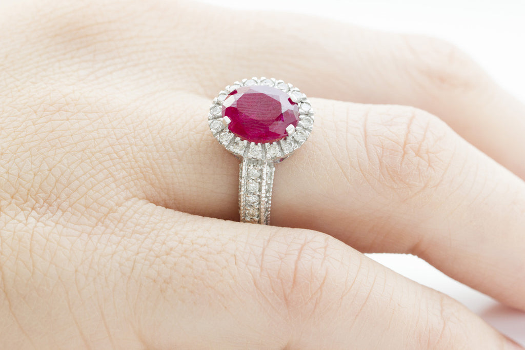 Ruby and Diamond Halo 18K White Gold Ring - OUT OF STOCK