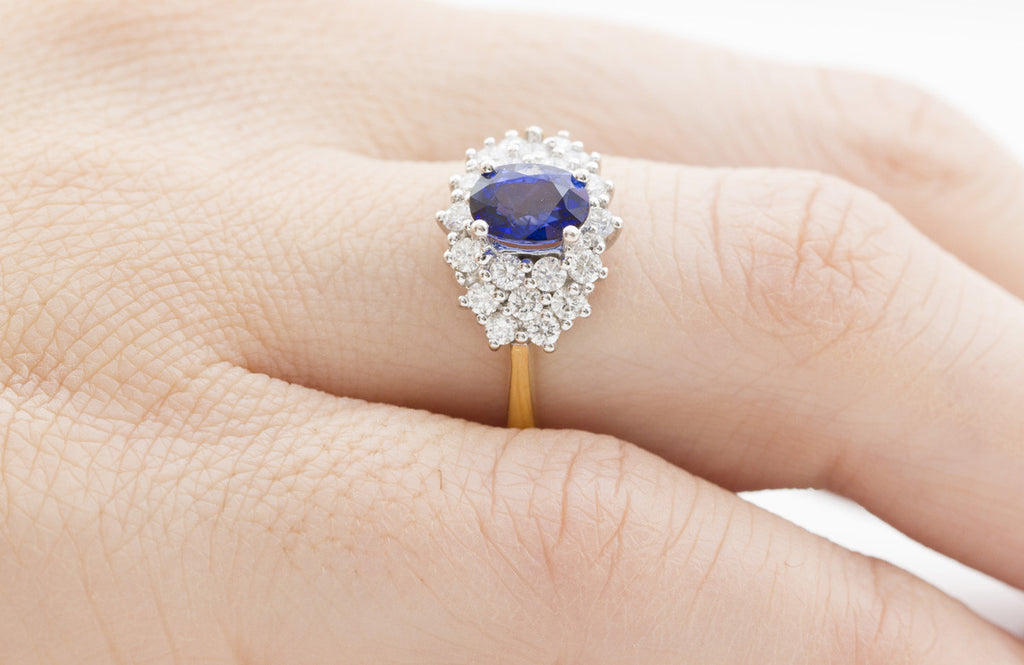 Blue Sapphire and Diamond Cluster 18K Yellow Gold Ring - OUT OF STOCK