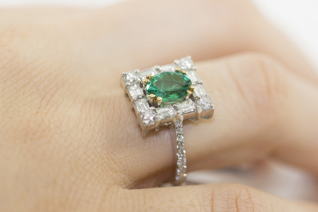 Emerald and Baguette Cut Diamond 18K White Gold Ring